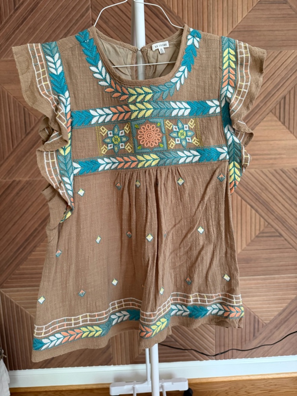 En Creme Brown Embroidered Flutter Sleeve Top with Teal & Yellow Accents